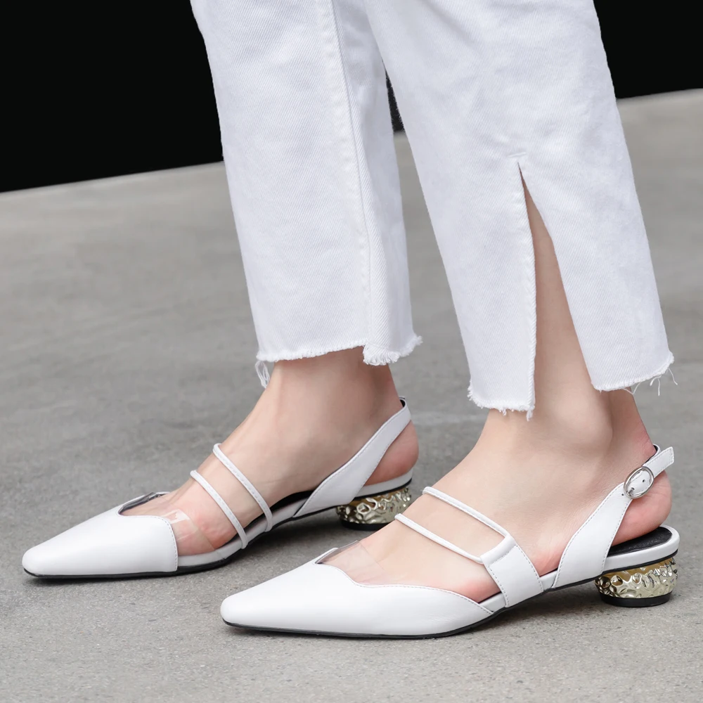 

Meotina Women Slingbacks Shoes Natural Genuine Leather Strange Style Heels Shoes Transparent Buckle Ladies Shoes Big Size 33-42