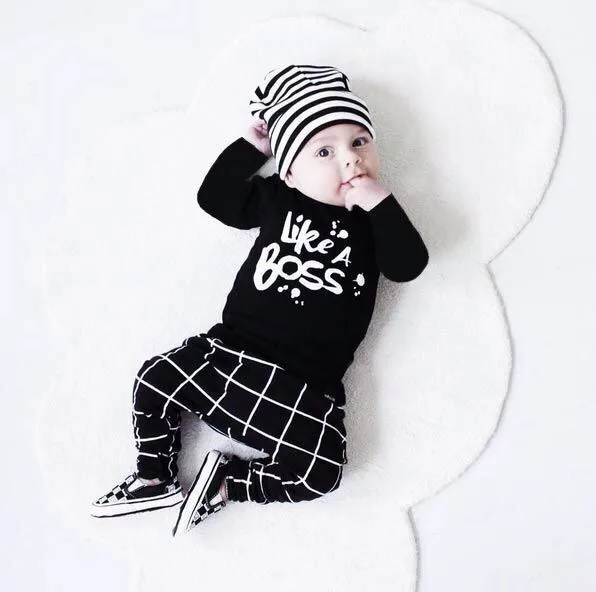 2PCS Baby Baby Clothing Set LIKE A BOSS Print Spring Cotton Black T-Shirt+Stripe Pants Child Fashion Boys Baby Clothes Sets