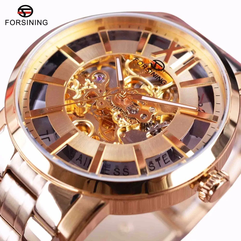 

Forsining Transparent Golden Fashion Style 316 Stainless Steel Waterproof Sapphire Mirror Men Automatic Watch Top Brand Luxury