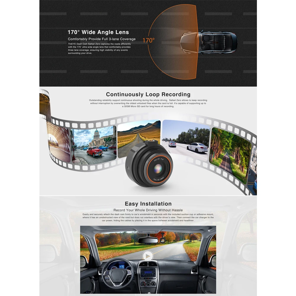 Thiee Safeel FHD 1080P Dash Cam Автомобильный видеорегистратор камера рекордер 1," экран 170 ° Широкий угол g-сенсор циклическая запись WDR с функцией ночного видения
