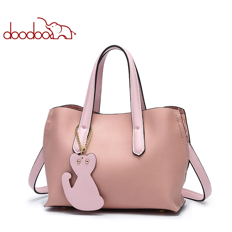 DOODOO Women Handbag Tote Bag Female Shoulder Crossbody Bags Ladies Pu Leather Top-handle Kitten Pendant Small Messenger Bags