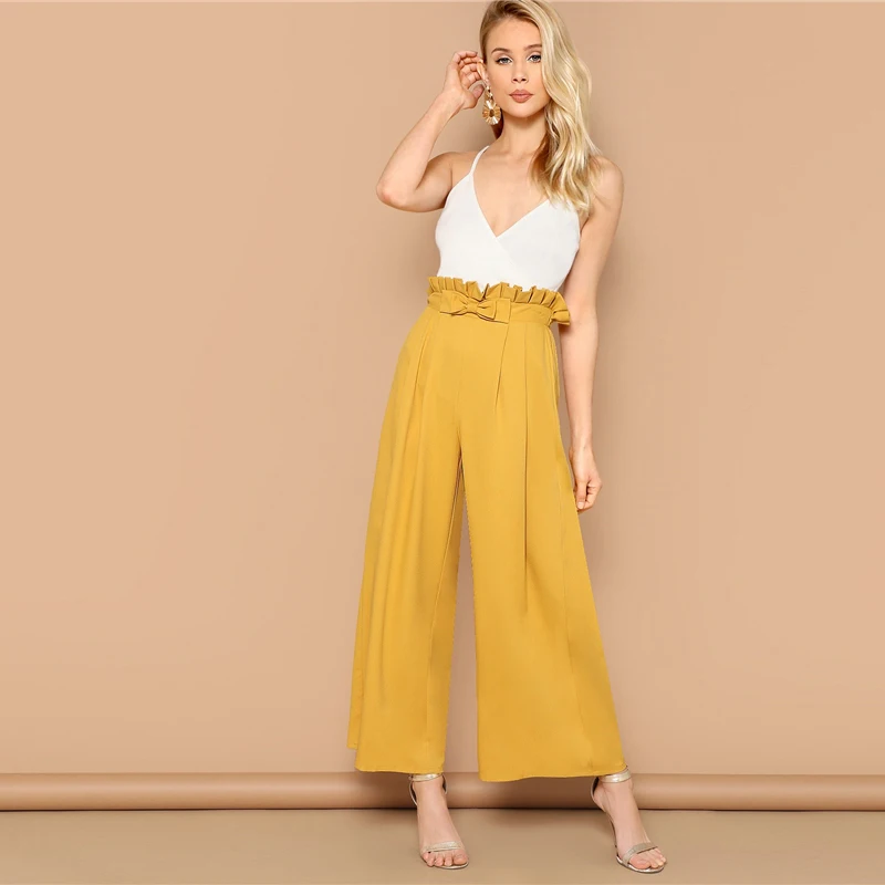 SHEIN/широкие брюки с бантиком и складкой на талии; элегантные свободные брюки с эластичной резинкой на талии; желтые брюки с высокой талией