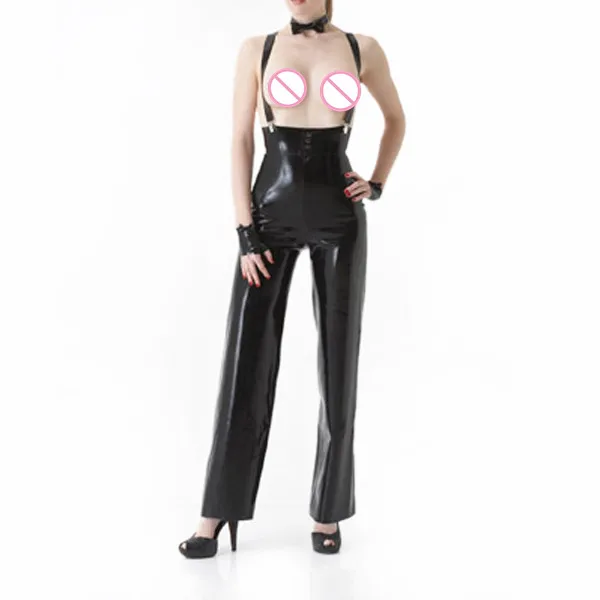 

Latex Rubber Long Pants High waisted Wide Leg trousers with braces
