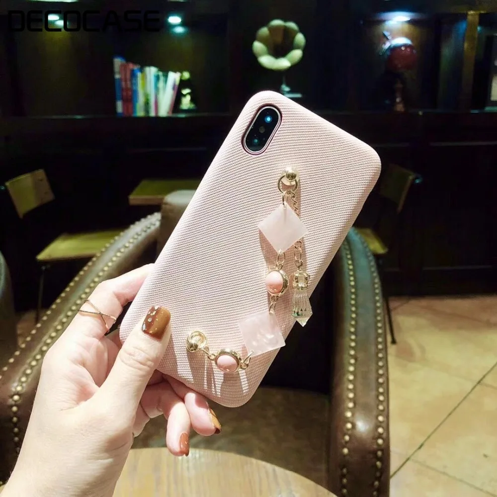 DECOCASE Pink White Fabric Phone Cases with Metallic Marble Chain Wrist Strap Covers for iPhone 6s 7 8 Plus X Max |