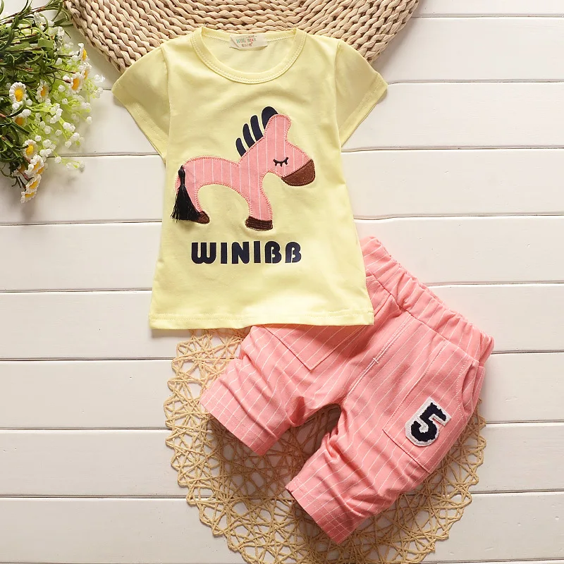 BibiCola 2018 summer baby boys clothes set toddler boy cartoon horse tops+stripe short pant 2pcs clothing children tracksuit |