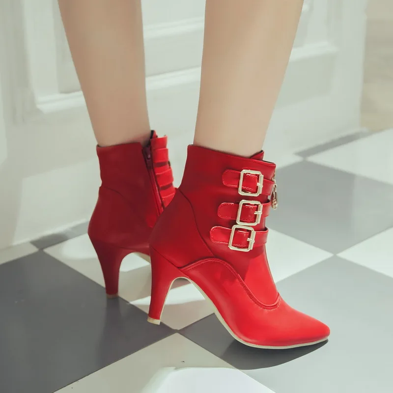 

GOXPACER Autumn Boots Women Front Zip High Heels Female Martin Boots PU Metal Buckle Fashion Pointed Toe All Match New Plus Size