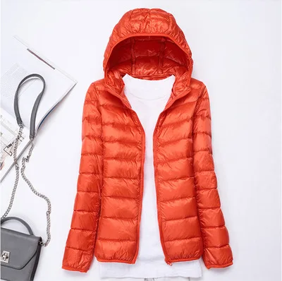 S~ 7XL размера плюс Женский легкий пуховик пальто 90% белый утиный пух пальто женское зимнее пальто с капюшоном с длинным рукавом теплое тонкое зимнее пальто - Цвет: Orange  1