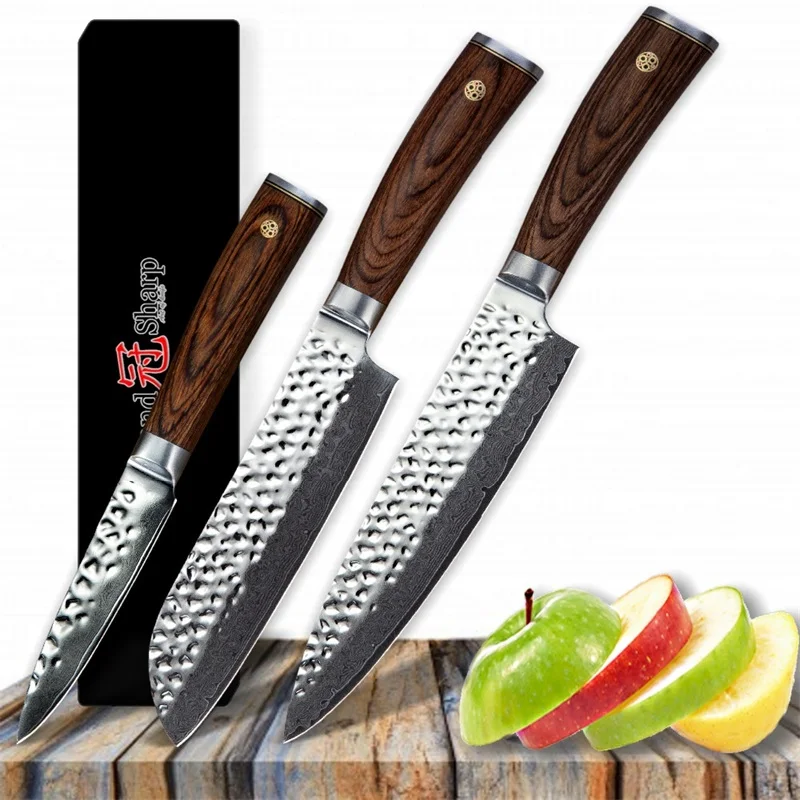 

Grandsharp 3 шт набор ножей из дамасской стали шеф-повар Santoku нож для очистки овощей VG10 японские Дамасские Стальные Кухонные ножи с подарочной кор...