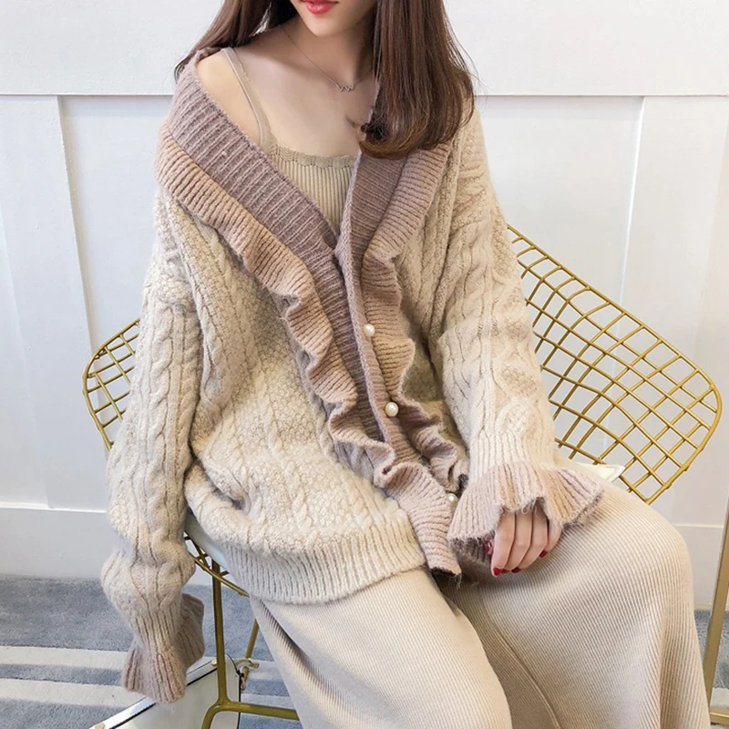 CHICEVER Korean Cardigan Sweater For Women V Neck Flare Sleeve Loose Ruffles Hit Color Sweaters Coats Female Fashion New Autumn |