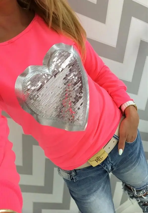 Women's 2017 Lovely Sequined Heart Pullovers O-neck Long Sleeve Sweatshirts Lady Tracksuits Tops S-5XL Женская одежда