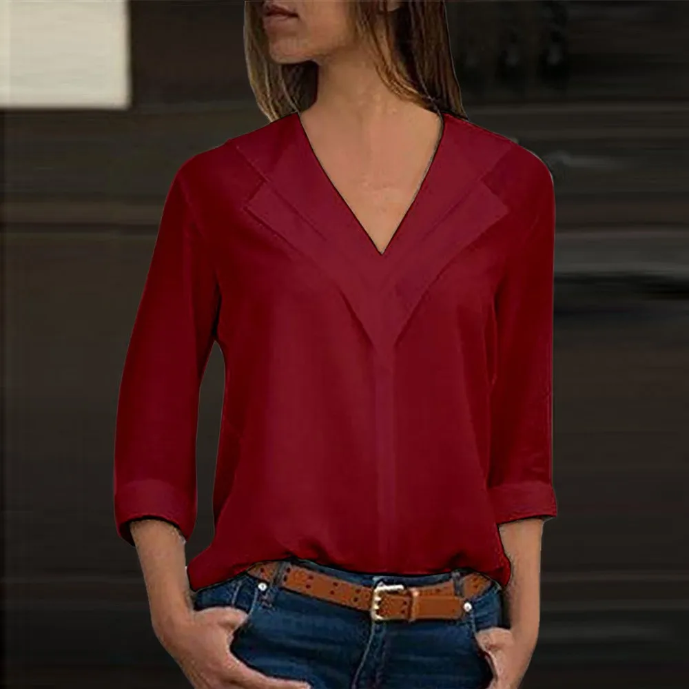 Женская блузка модная однотонная офисная шифоновая с расклешенным рукавом