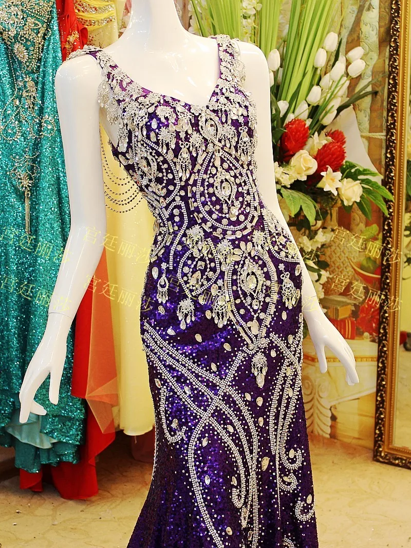 Фиолетовые Вечерние платья Русалка с кристаллами бисером блестками и