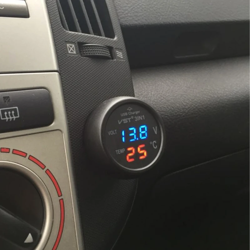 3 в 1 12/24 цифровой светодиодный Вольтметр термометр Авто USB зарядное устройство