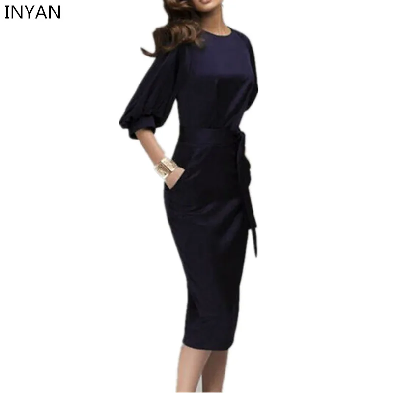 Новый Для женщин носить на работу темно-синий по колено Vogue Офисные наряды 3/4