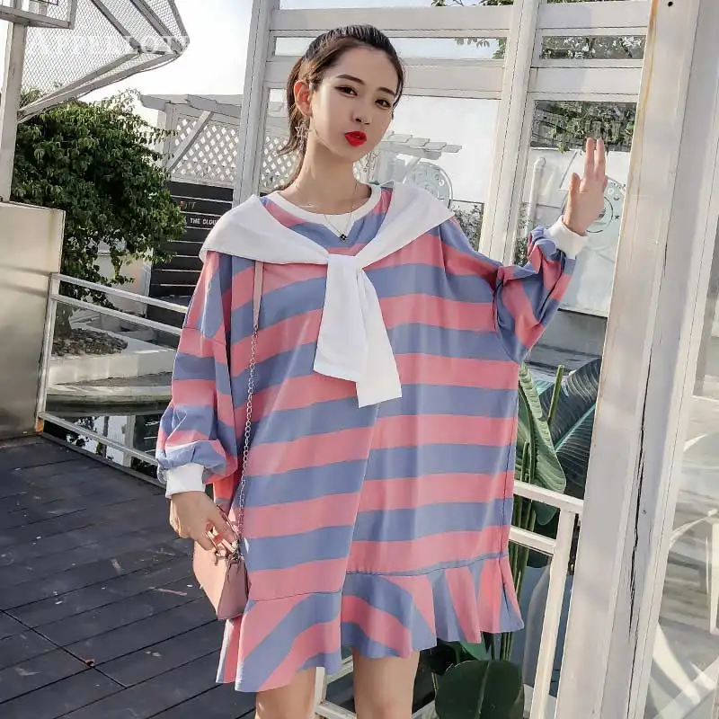 Женское платье с капюшоном Повседневное пуловер в полоску большого размера
