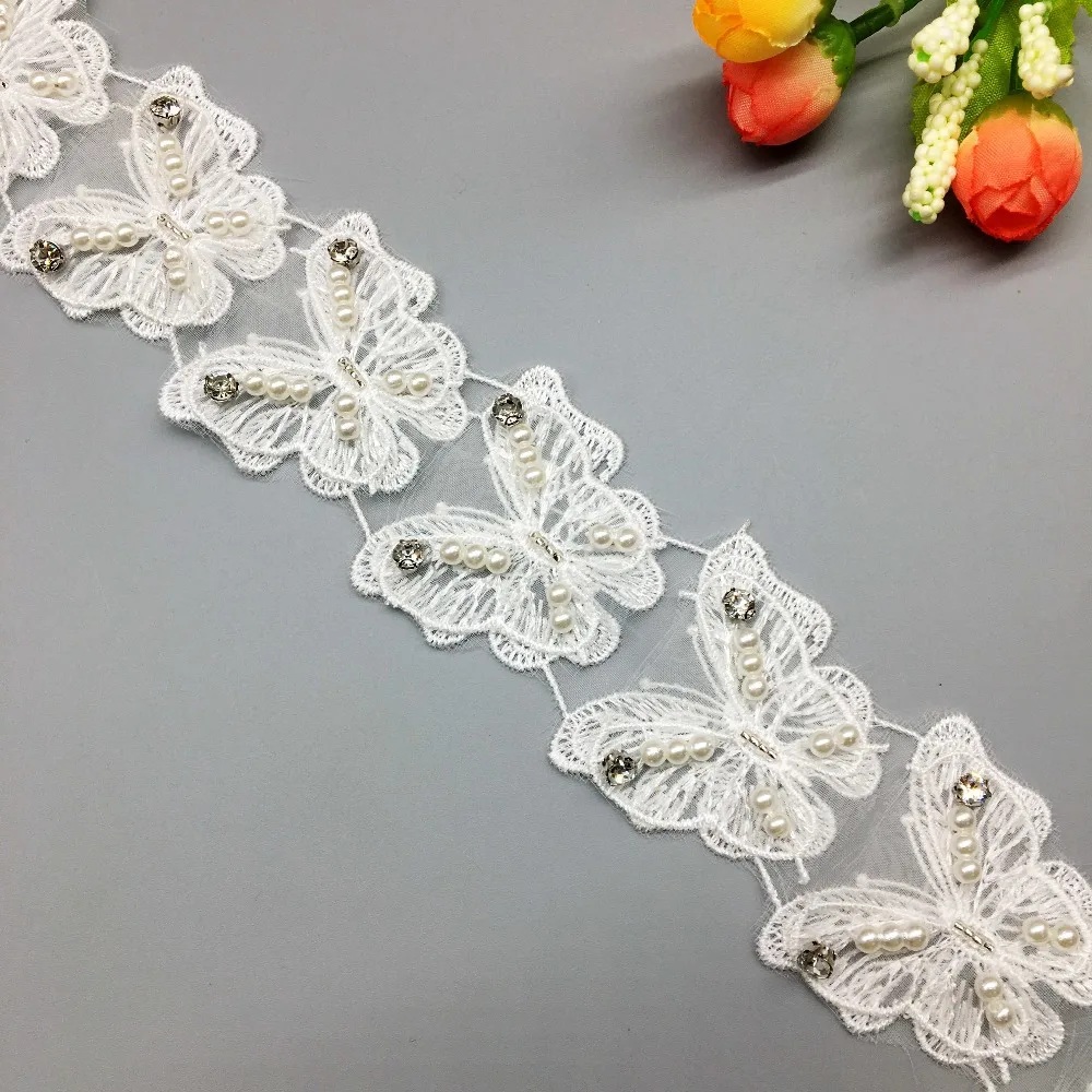 10 шт. белые 3D Стразы вышитые бабочки жемчужные бусины кружевная отделка