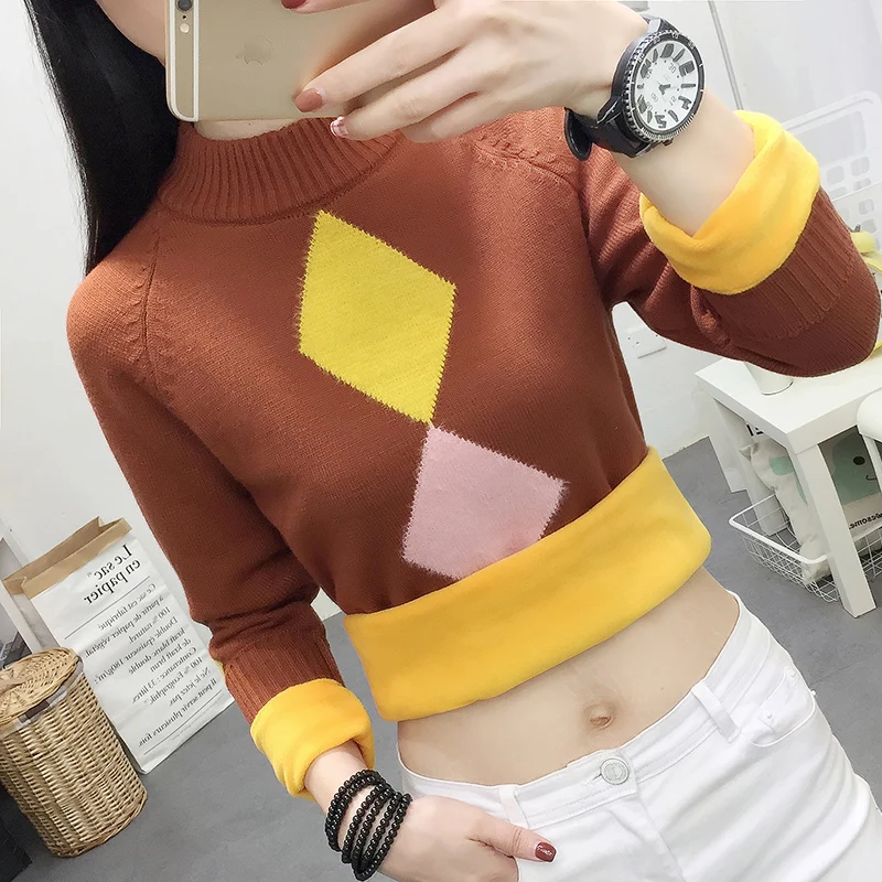 High quality Elegance Thick Warm Women's Pullover Sweater Fashion Knitted With Velveeta Jumper Top Slim Female O-neck | Женская