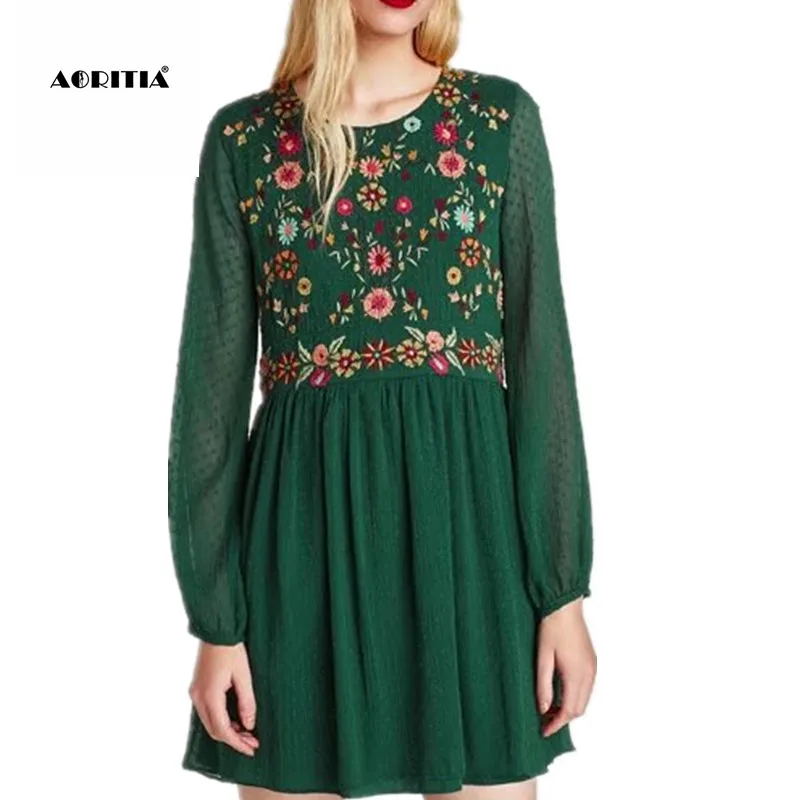 2017 Floral Embroidery Dress Women Lace Dresses Autumn O-Neck Hihg waist | Женская одежда