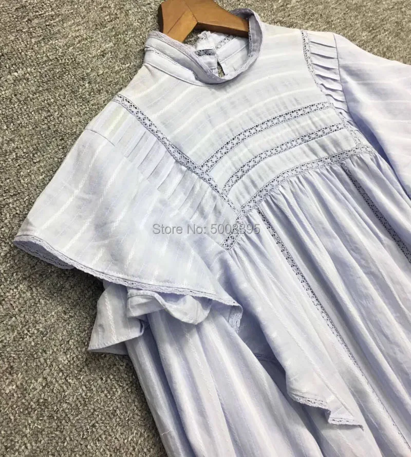 Woman Embroidered COTTON Mini DRESS lace stand collar Drop shoulder Ruffled Long Puff Sleeves