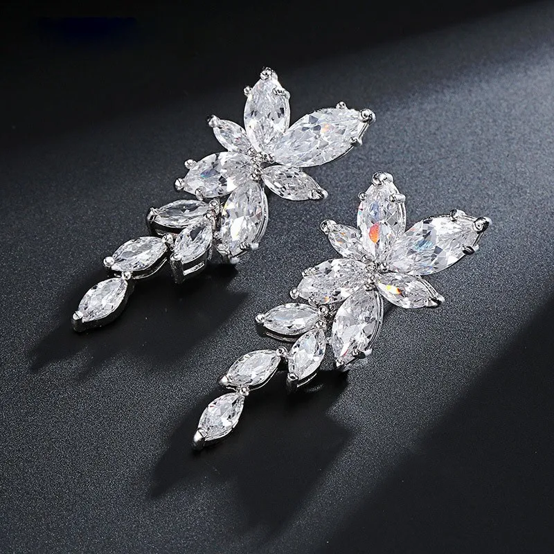 Свадебные серьги подвески с фианитами класса AAA|bridal drop earrings|bridal earringsbridal earrings |