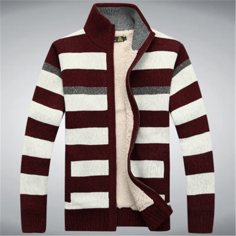 Winter Fleece Thicken Sweater Men Knitted Cashmere Stripe Mens  Wool Cardigan sweaters  agasalho masculino size M -3XL