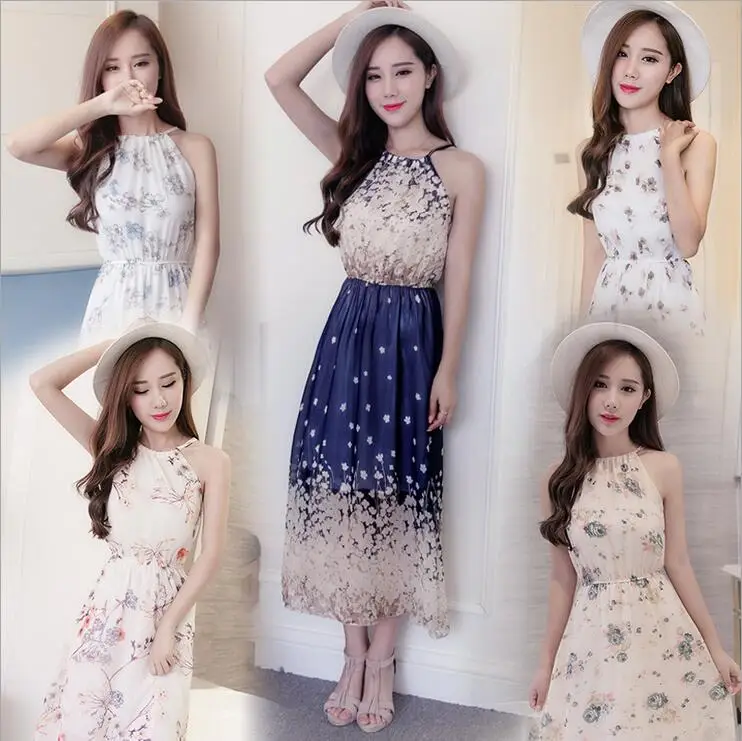 Новинка 2017 Пляжное богемное женское платье сексуальное без рукавов с лямкой на