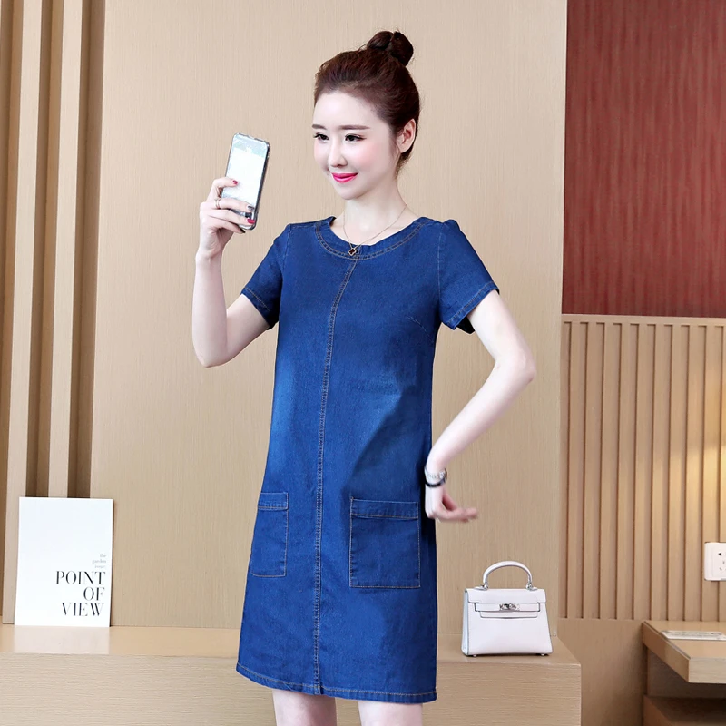 

Новое летнее Стильное женское платье, модное повседневное облегающее однотонное джинсовое платье с круглым вырезом и карманами для женщин,...