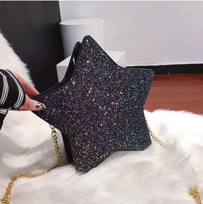 Черный Sequins Stars Style Pu Leather Fashion Casual Ladies Chain Purse Shoulder Bag Tote Crossbody Mini Bag Female Bolsa Handbag Flap - Цвет: Черный