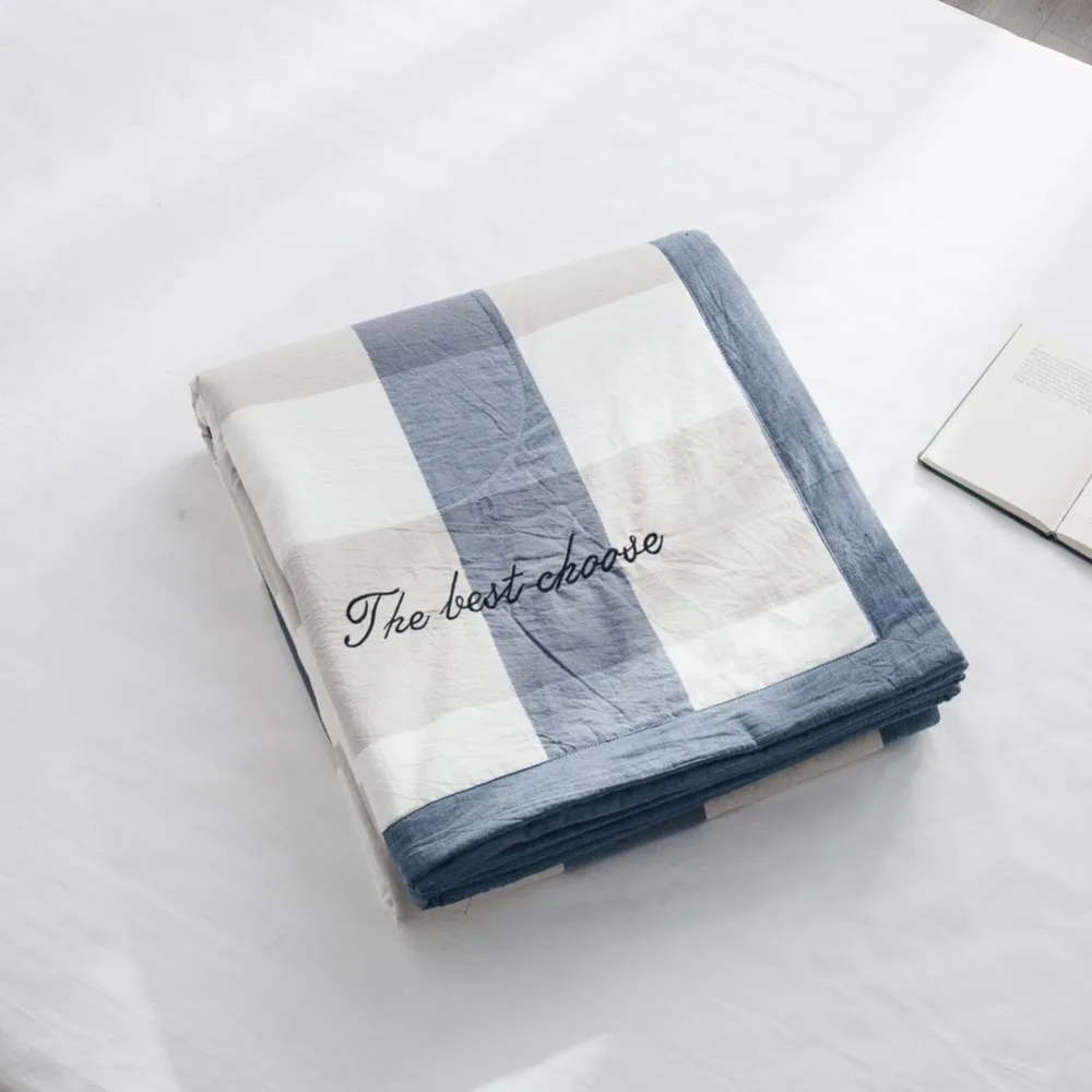 Стеганое одеяло в синюю и бежевую полоску из хлопковой ткани хлопковый