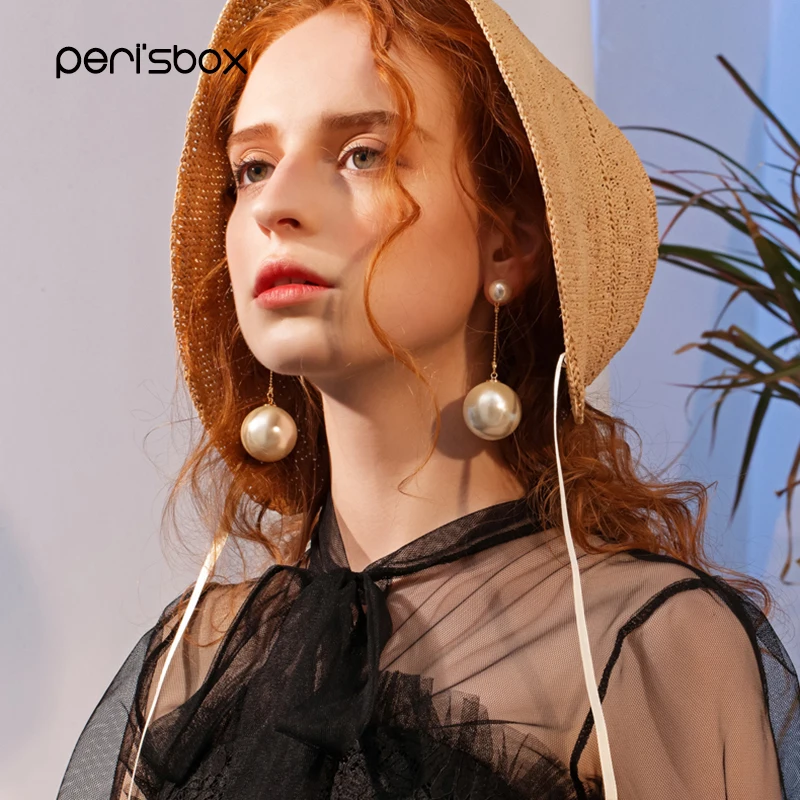 Женские серьги подвески с жемчугом Peri'sbox большие двойным и цепочкой из бисера