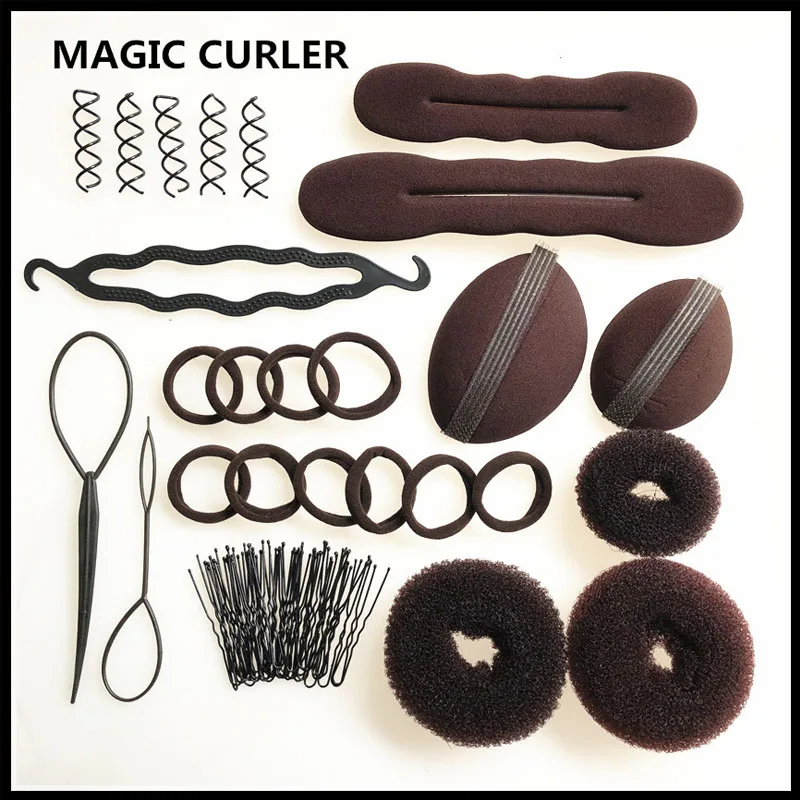 Brown 23pcs DIY Magic Hair Braider Sponge Donut Bun Fluffy Pads Spiral Hair Twist Simple Bridal Hair Net Hairstyling Tools Set - Цвет: Brown