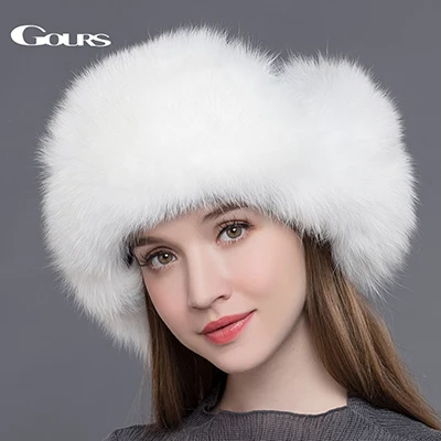 Color 4 (White) Gours меховая шапка для женщин, натуральный мех енота, лисы, русские шапки-ушанки, зимние толстые теплые уши, модная шапка-бомбер черного цвета, Новое поступление - Цвет: Color 4 (White)