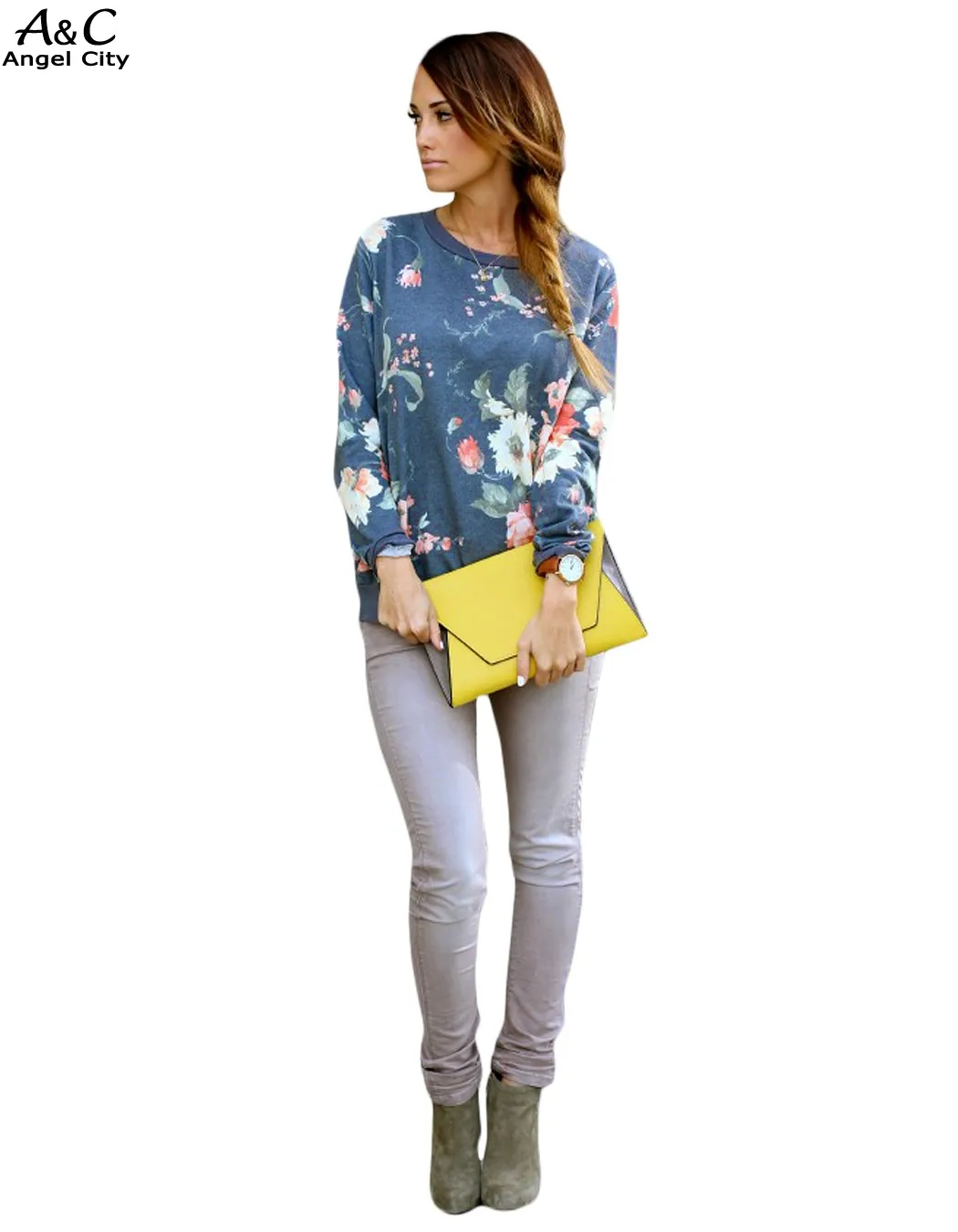 2015 High Quality Women Casual O Neck Long Sleeve Hoodies Tops Flower Printed Sweatshirt Autumn Plus Size 41 | Женская одежда