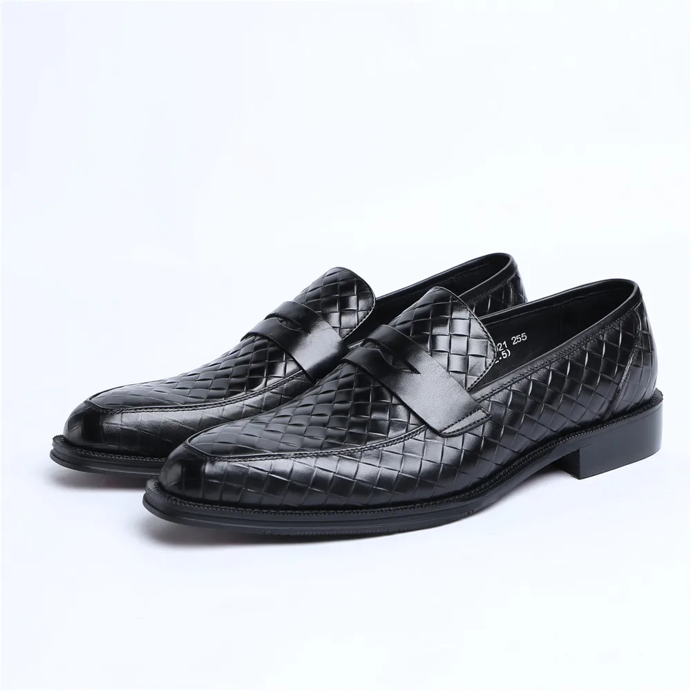 Woven Design Black / Tan Hand Made Loafers Mens Dress Shoes Genuine Leather Wedding Boys Prom | Обувь