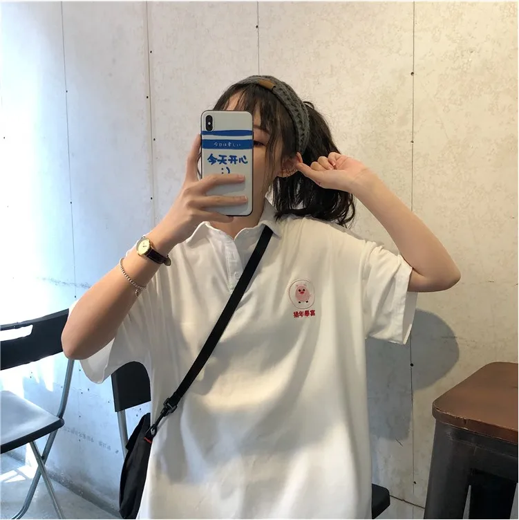 Для женщин PoloShirt Хлопок мультфильм милый свинья вышивка короткий рукав тенниски летние женские свободные Повседневное элегантный дизайн топы YT5027
