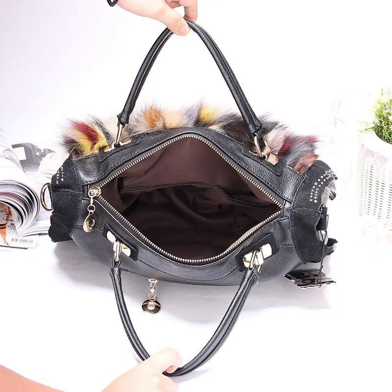 Женская сумка мессенджер из мягкой натуральной кожи с мехом|bag casual woman|designer shoulder