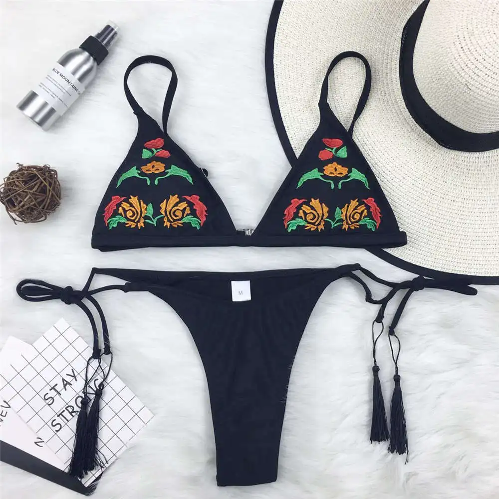 Вышивка бикини 2018 женский Черный Купальники кисточкой купальник сексуальное