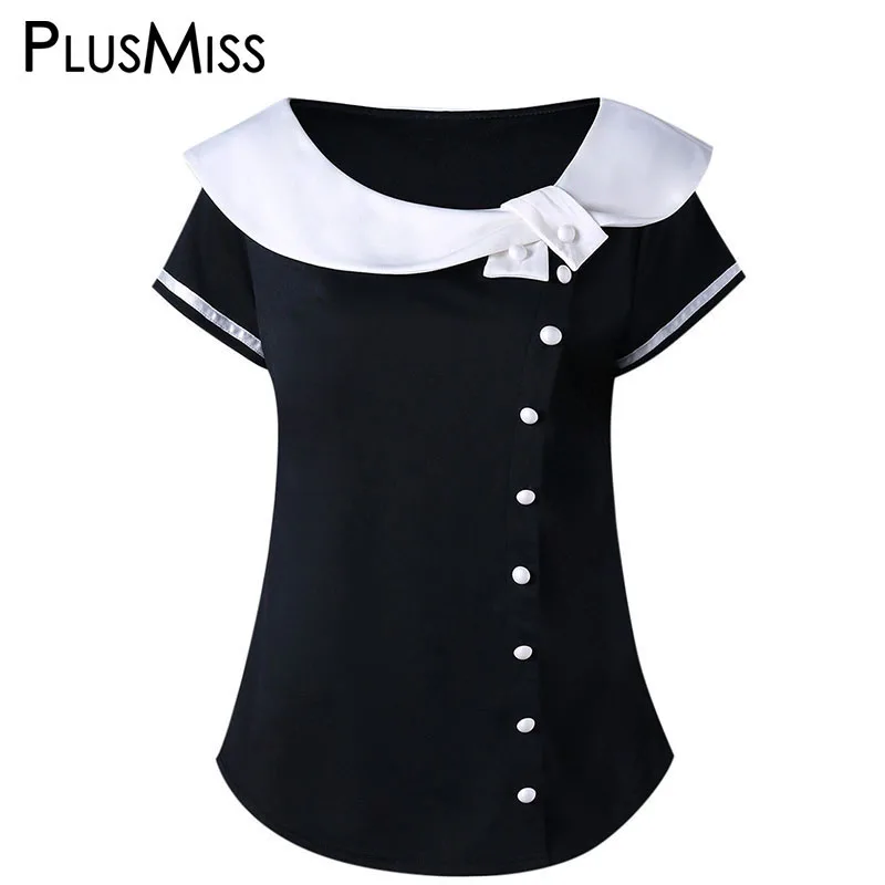 PlusMiss размера плюс 5XL 4XL Лето 2018 с воротником в стиле Питер Пэн футболка Женские Большие размеры Черный и белый