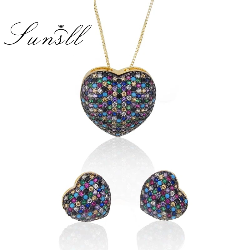 SUNSLL New Arrival Heart Multi Colors Cubic Zirconia Fashion Earrings Necklace Jewelry Sets for Women Gift Anniversary Wedding