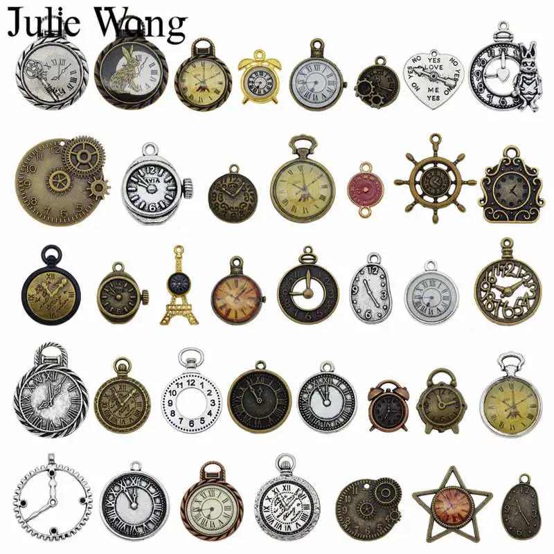 Julie Wang, 10 шт., Случайные Смешанные часы, часы, лицо, амулеты, сплав, ожерелье, подвеска, поиск ювелирных изделий, стимпанк, аксессуар