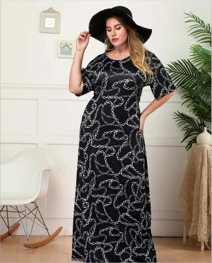 New summer women's round neck mid-sleeve slim large size dress | Женская одежда