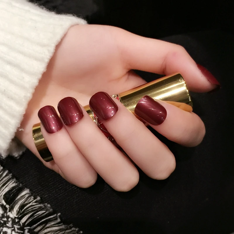 wine red 24 шт голографические радужные короткие накладные кончики для дизайна ногтей круглые полностью обернутые УФ-гель-Лаки акриловые ногти для украшения Z856 - Цвет: wine red