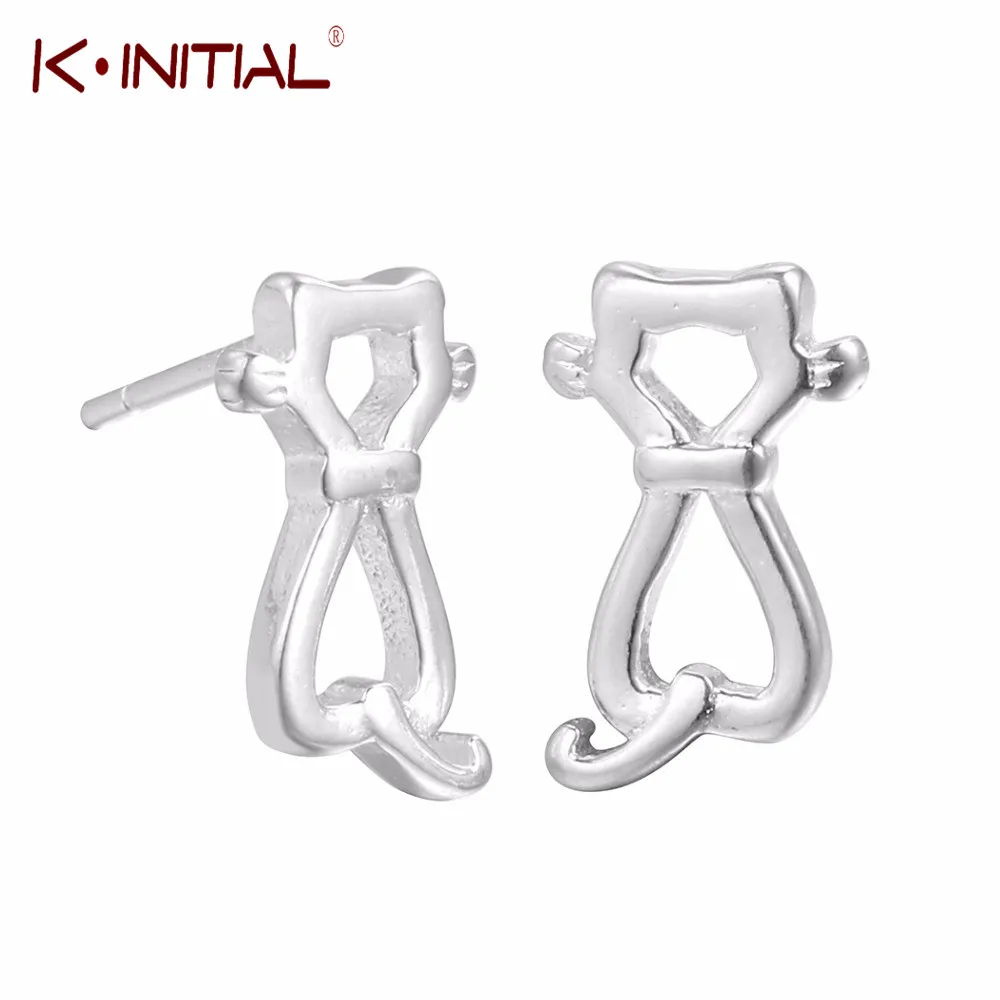 Kinitial Silver Color Animal Cat Earrings For Women Girl Kitty Stud Earring Fashion Jewelry Pendientes Brincos Small | Украшения и