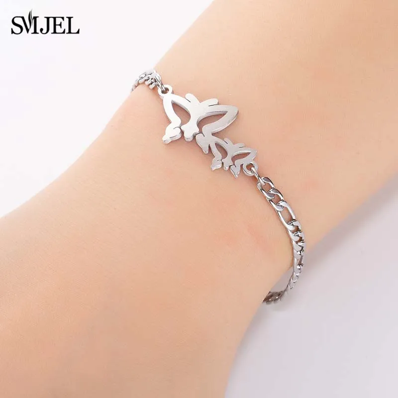 Double Butterfly SMJEL, богемные бесконечные Семейные браслеты с подвесками, нержавеющая сталь, круг, многослойная цепочка, животные, браслеты с бабочками для женщин, подарок - Окраска металла: Double Butterfly