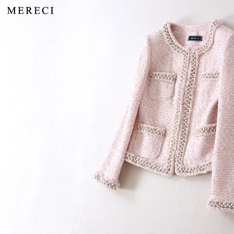 Элегантный женский милый светильник, розовый твидовый жакет, Casaco Feminino, модная женская куртка на весну и осень, куртка с бисером, Jaqueta Feminina Y097