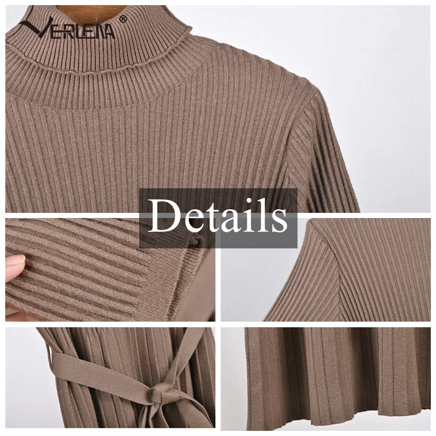 High Waist Roll Neck Rib Solid White Jumper Sweater Dress Elegant Women Long Sleeve Belt Spring Knitted VERLENA New 2019 | Женская