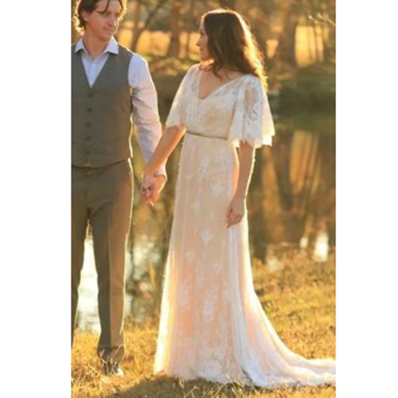 

Boho Wedding Dress Plus Size V Neck Cap Sleeves Lace Bride Dress Custom Made Wedding Gown robe de mariee