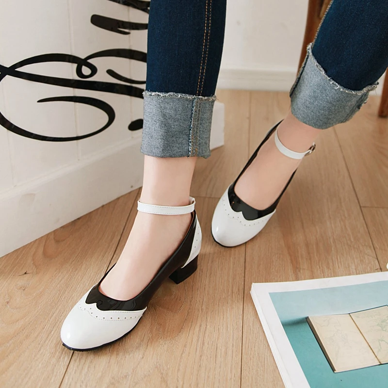 ASILETO women pumps buckle brogues low heels shoes woman around toe mixed color pu leather zapatos casual footwear sapatos|Женские туфли|