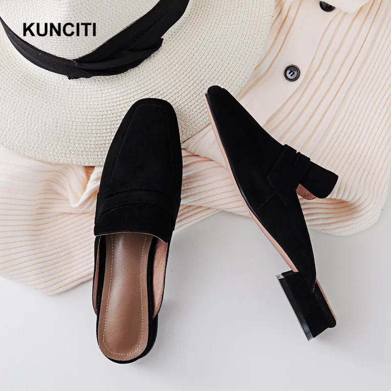 Г., KUNCITI mules женская кожаная обувь Мокасины без шнуровки, женские лоферы на низком каблуке с круглым носком, удобные тапочки S44