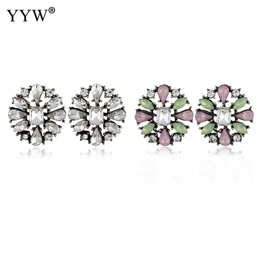 

Серьги из цинкового сплава со стеклянными цветами, покрытые золотом, для женщин, ограненные стразы, темные